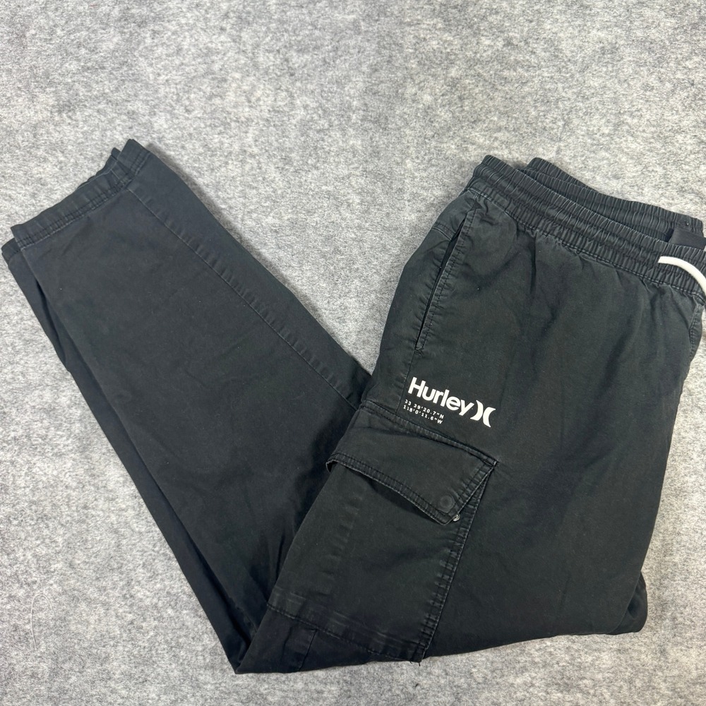 Hurley Mens XL Black Cargo Jogger Pants Cotton Stretch Graphic Drawstring 3289